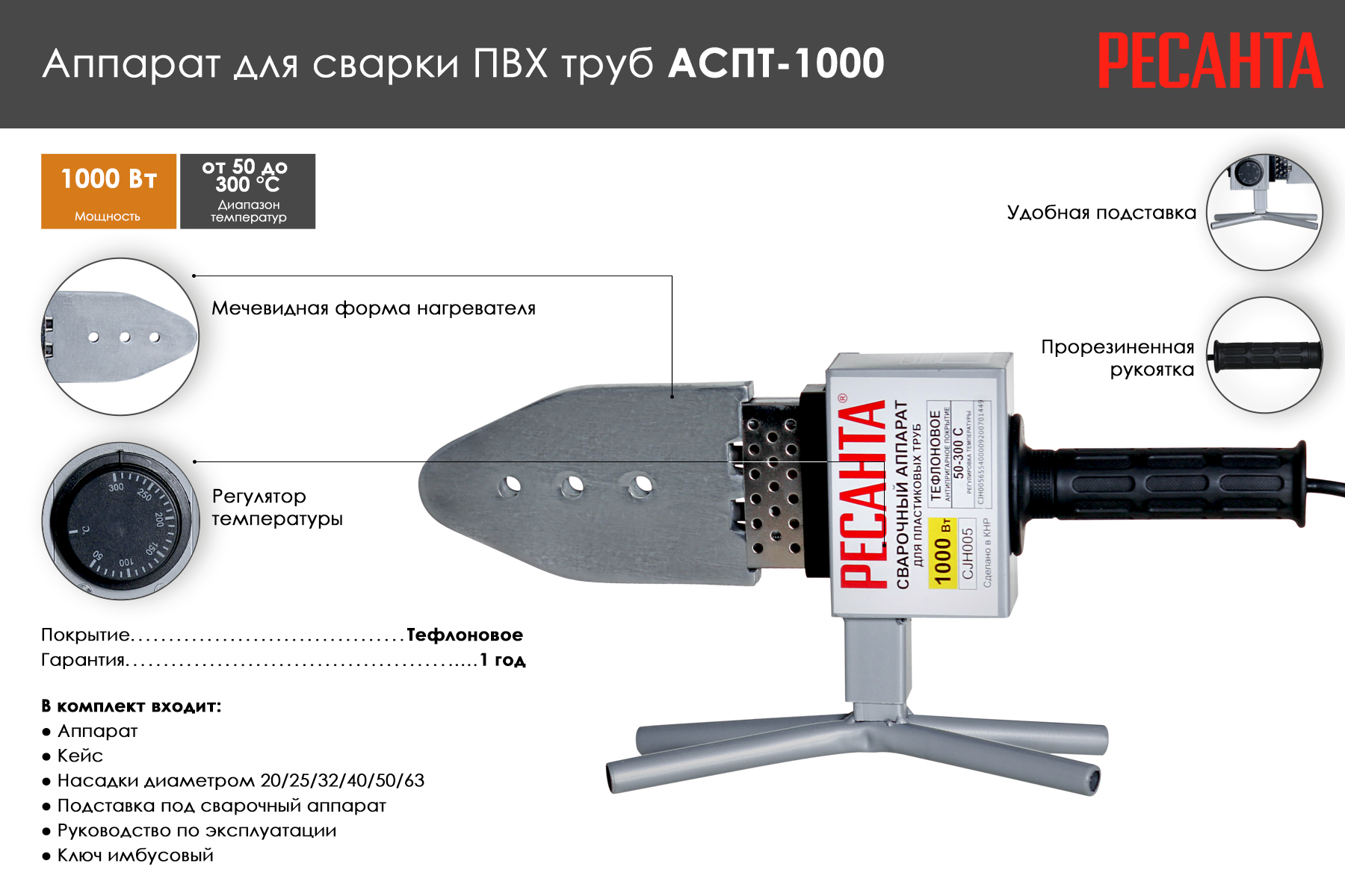 Сварочный аппарат для полипропиленовых труб РЕСАНТА АСПТ-1000 65/54