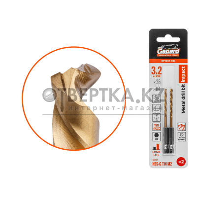Сверло по металлу шестигр. 3.2х36х84 мм HSS-G TIN, комплект из 2-х шт GEPARD GP1032-084