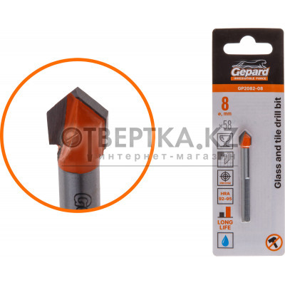 Сверло по кафелю/стеклу  8x58 мм трехгр. хвостовик GEPARD (GP2082-08)