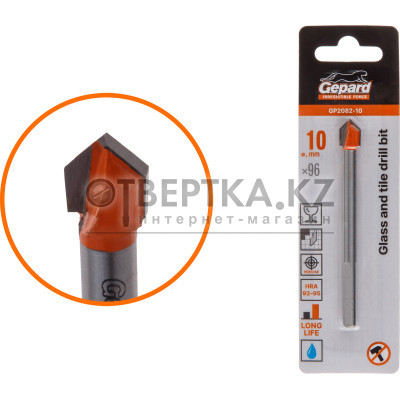 Сверло по кафелю/стеклу 10x96 мм трехгр. хвостовик GEPARD (GP2082-10)