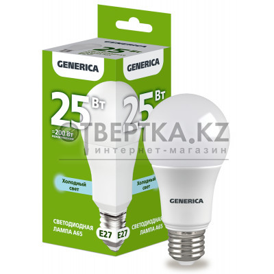 Лампа светодиодная GENERICA A65 230В 6500К LL-A65-25-230-65-E27-G