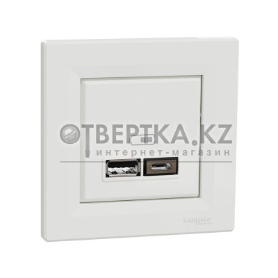 Розетка USB SE EPH2700321 Asfora A+С 5 В/24 А (2 х 5В/12 А) в сборе белый
