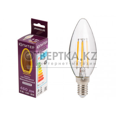 Лампа светодиодная филаментная C37 СВЕЧА 6 Вт E14 3000К ЮПИТЕР ДЕКОР JP6002-03
