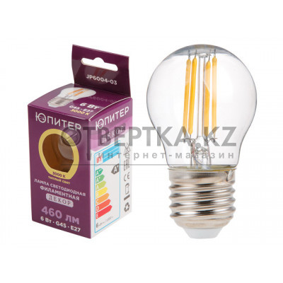 Лампа светодиодная филаментная G45 ШАР 6 Вт E27 3000К ЮПИТЕР ДЕКОР JP6004-03