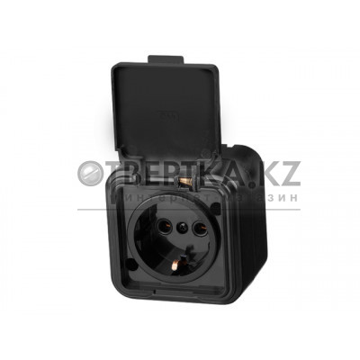 Розетка 1-ая (открытая, с/з, брызг. защ.) черная, Стандарт, Юпитер JP7412-08