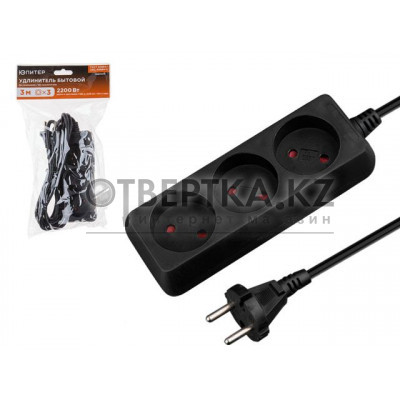 Удлинитель 3м (3 роз., 2,2кВт, б/з, ПВС 2х0,75) черный, Юпитер JP8101-31