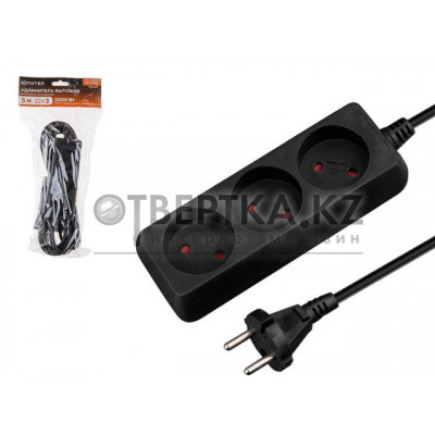 Удлинитель 5м (3 роз., 2,2кВт, б/з, ПВС 2х0,75) черный, Юпитер JP8101-32