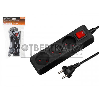 Удлинитель 3м (3 роз., 2,2кВт, б/з, выкл, ПВС 2х0,75) черный, Юпитер JP8103-21