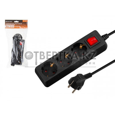 Удлинитель 3м (3 роз., 2,2кВт, с/з, выкл, ПВС 3х0,75) черный, Юпитер JP8104-21
