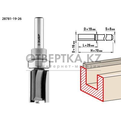 ЗУБР 19 x 26 мм, хвостовик 8 мм, фреза пазовая прямая с верхним подшипником, Профессионал (28781-19-26)