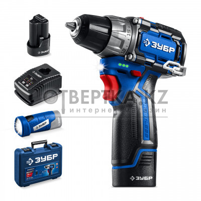 ЗУБР КОМПАКТ #4, набор: дрель-шуруповерт + LED фонарь, BRUSHLESS, 12 В, 45 Н·м, 2 АКБ тип Т7 (2 А·ч), кейс, Профессионал (DB-121-22F)