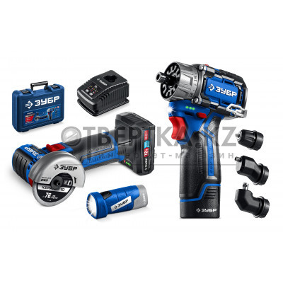 ЗУБР КОМБИ #5 набор: дрель-шуруповерт + мини УШМ + LED фонарь, BRUSHLESS, 12 В, 45 Н·м, 2 АКБ тип Т7 (4 и 2 А·ч), кейс, Профессионал (DB-125-42ABF)