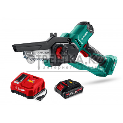 ЗУБР 20 В, 100 мм шина, 1 АКБ LMS (2 Ач), мини-пила цепная аккумуляторная (ПЦА-2010-21)