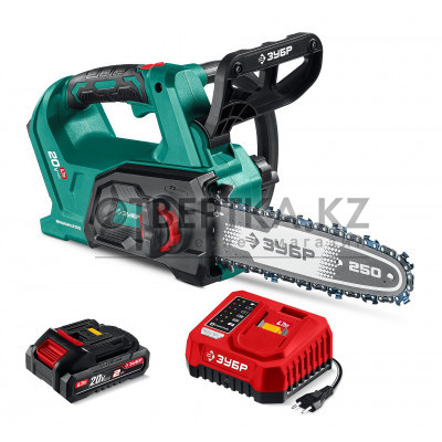 ЗУБР 20 В, 250 мм шина, 1 АКБ LMS (2 Ач), пила цепная аккумуляторная (ПЦБ-2025-21)