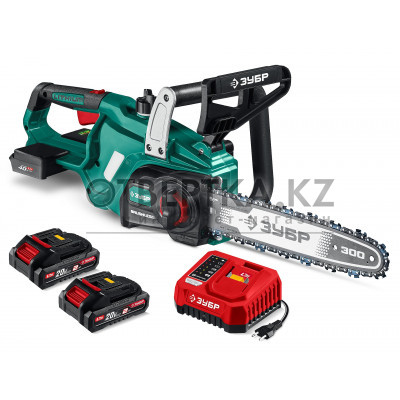 ЗУБР 40 В, (2x20В), 300 мм шина, 2 АКБ LMS (2 Ач), пила цепная аккумуляторная (ПЦБ-4030-22)
