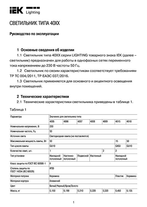 Инструкция для IEK LT-UBB0-4009-GU10-2-K01