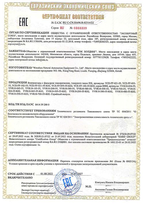 Сертификат для IEK YVR10-700-55