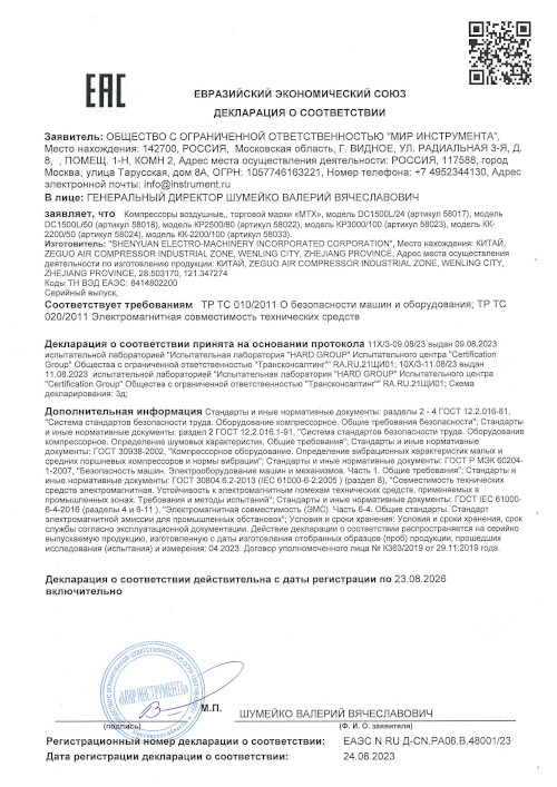 Сертификат для MTX КК-2200/50 58024