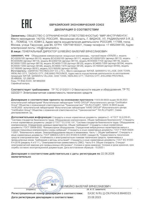 Сертификат для Denzel DCV1800/50 58168