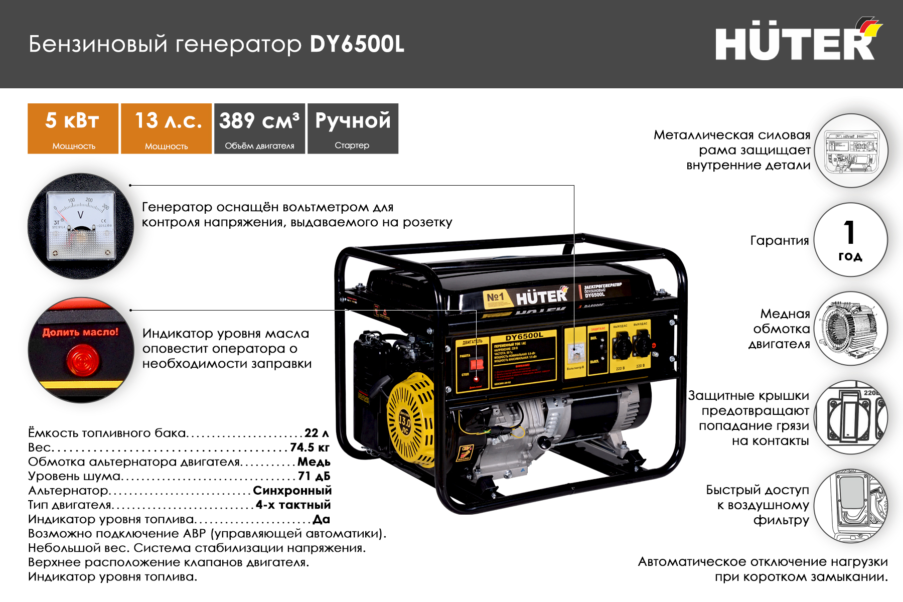 Бензиновый генератор HUTER DY6500L 64/1/6