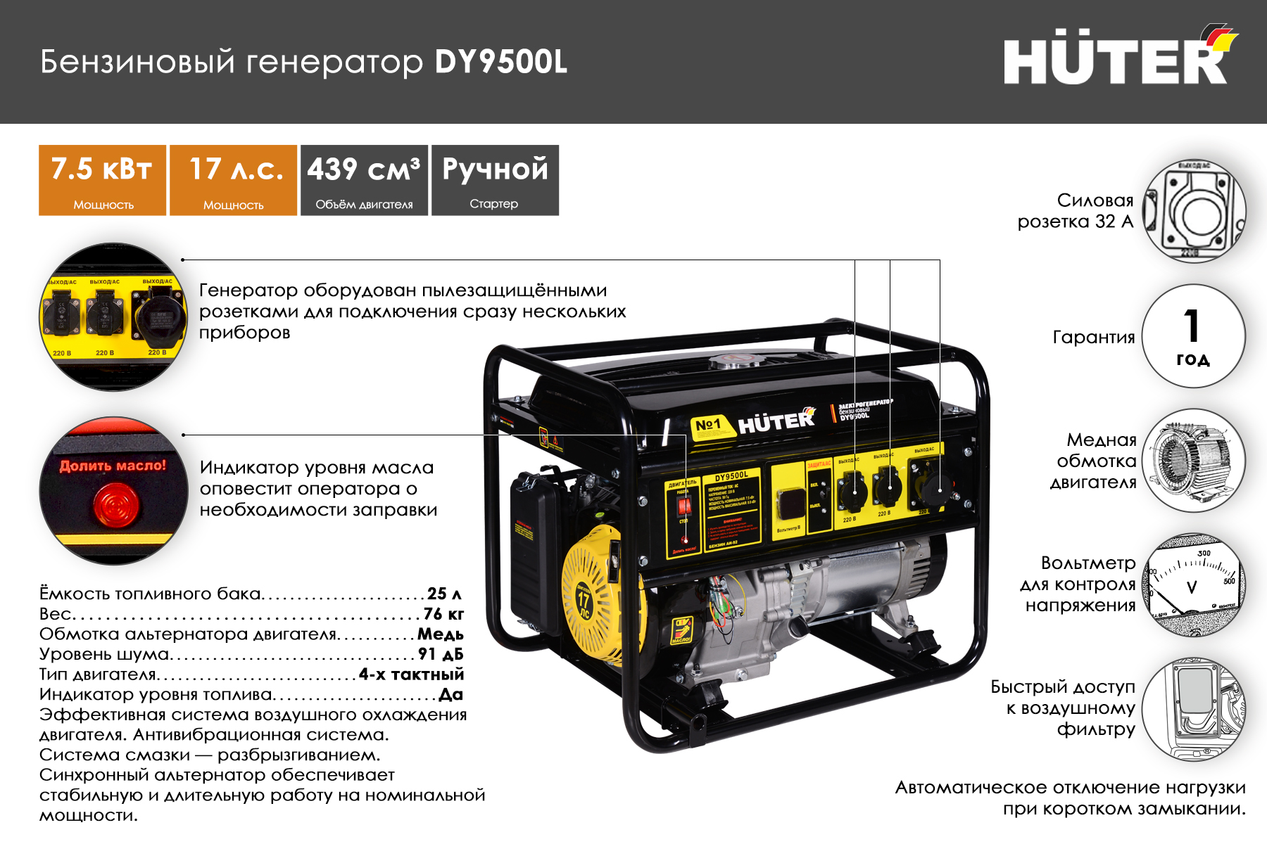 Электрогенератор HUTER DY 9500 L 64/1/39