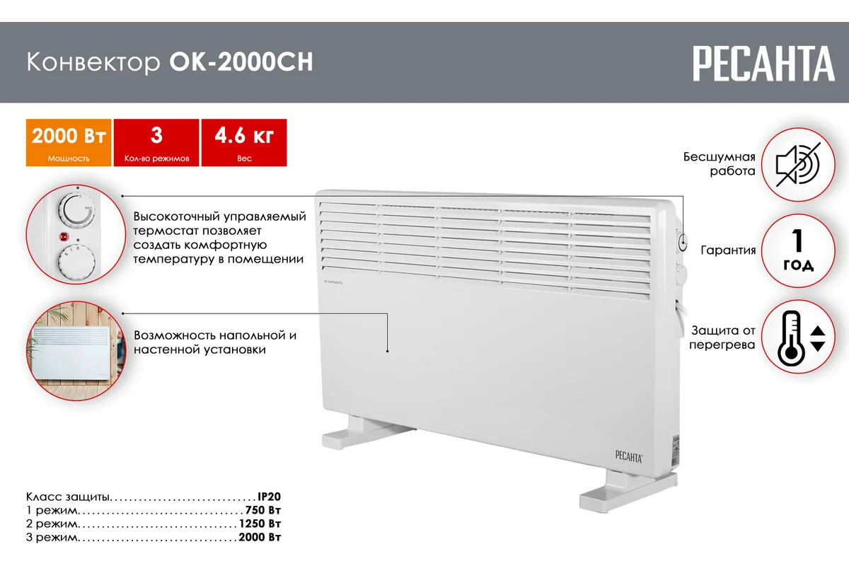 Конвектор Ресанта ОК-2000СН (2 кВт) 67/4/21