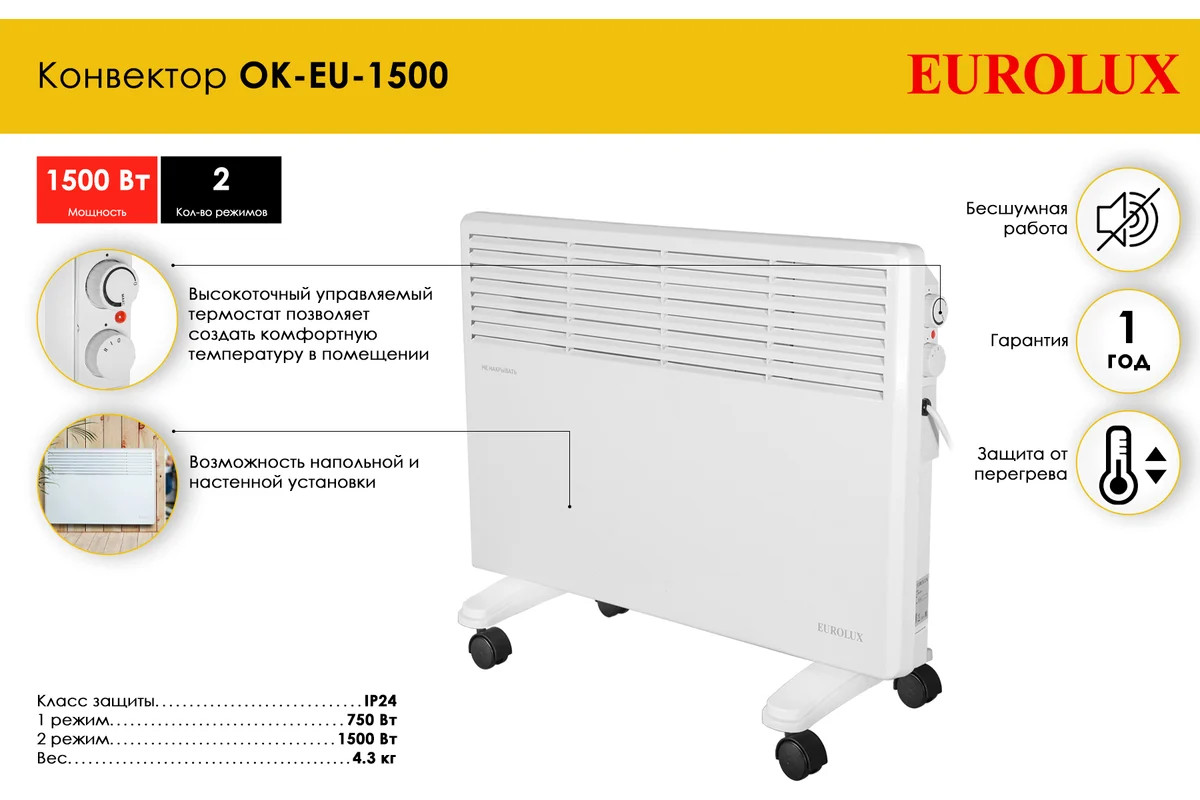 Конвектор Eurolux ОК-EU-1500 (1,5 кВт) 67/4/25