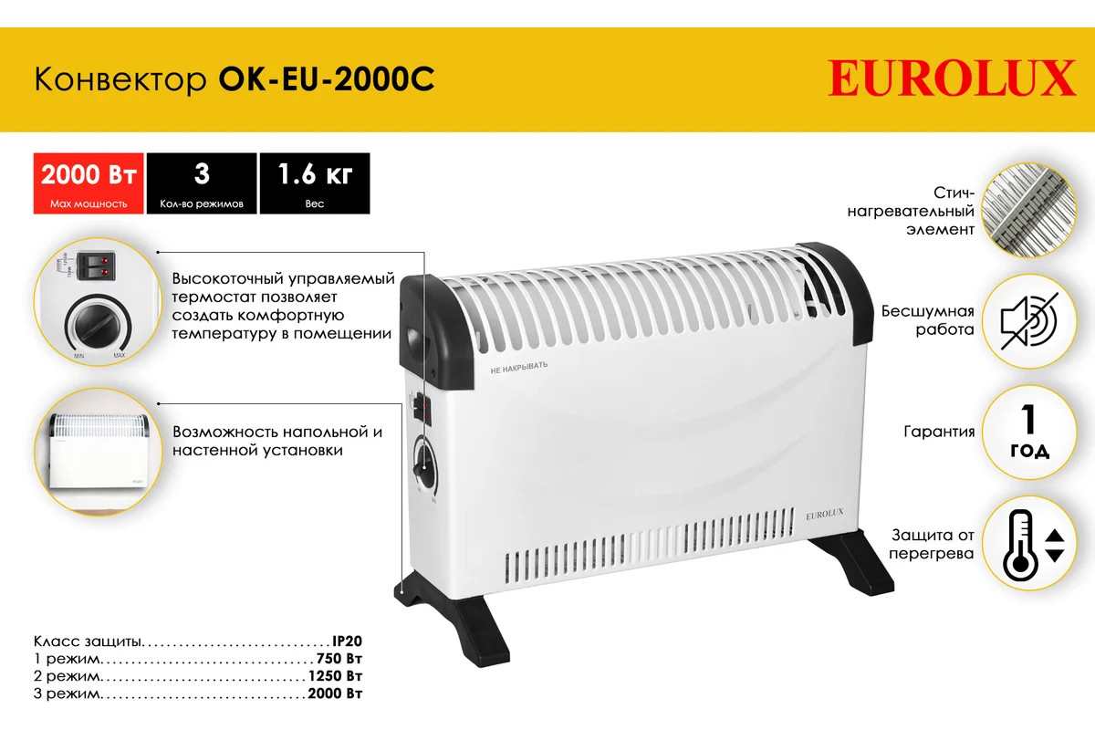 Конвектор Eurolux ОК-EU-2000C (2 кВт) 67/4/30