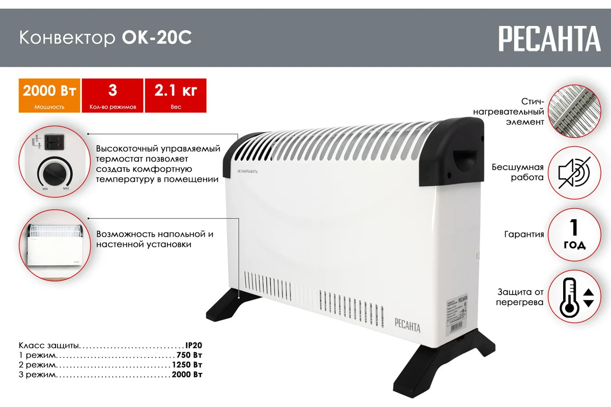 Конвектор Ресанта ОК-20С (2 кВт) 67/4/35