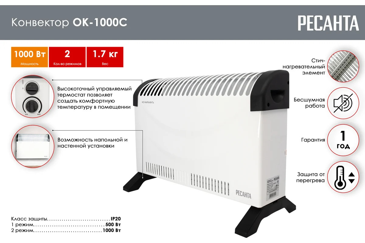 Конвектор Ресанта ОК-1000С (1 кВт) 67/4/6