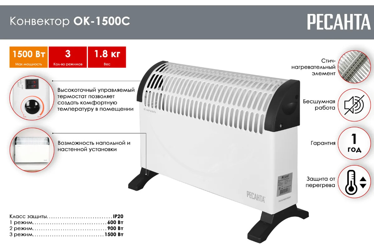 Конвектор Ресанта ОК-1500С (1,5 кВт) 67/4/7