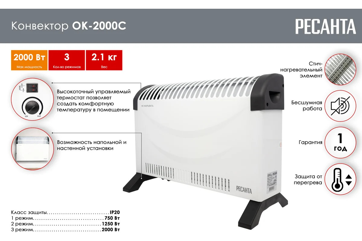 Конвектор Ресанта ОК-2000С (2 кВт) 67/4/8