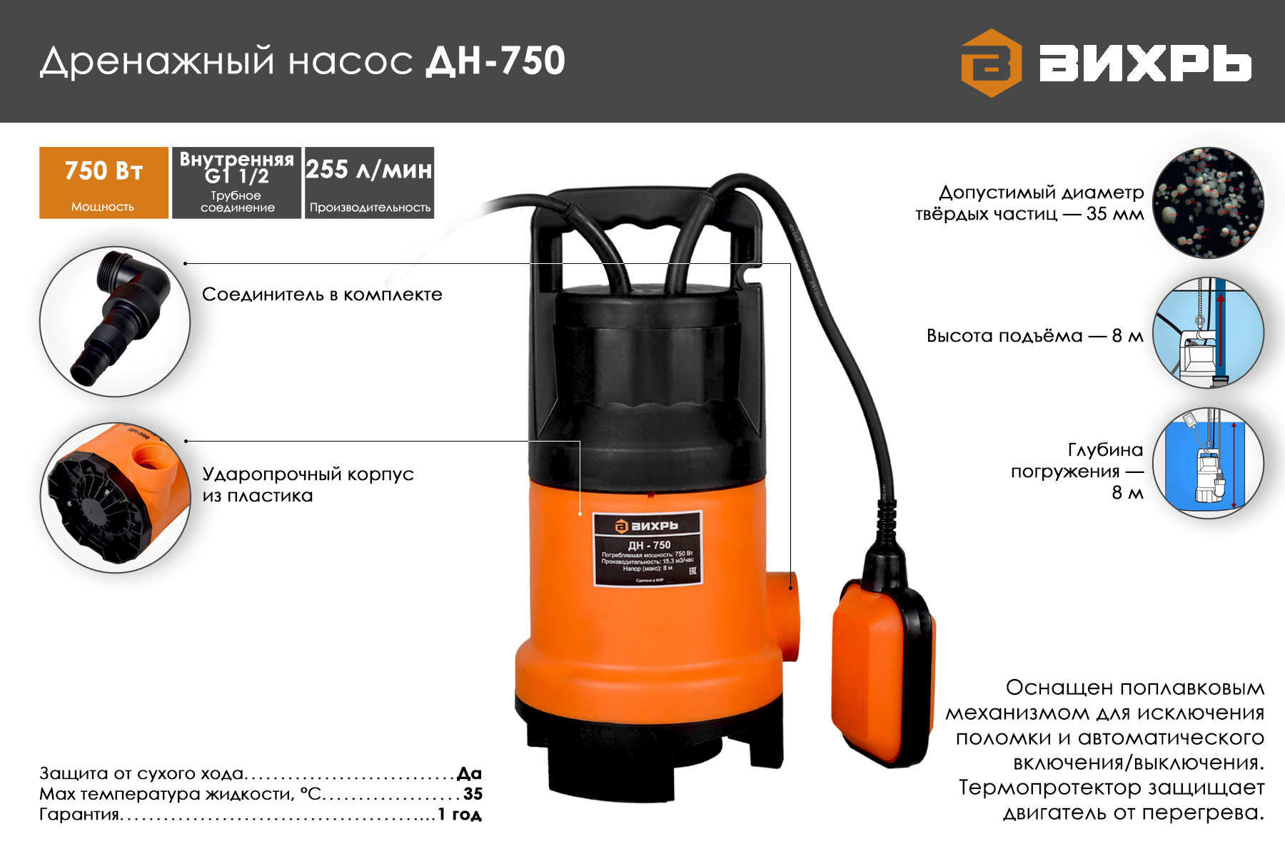Дренажный насос ВИХРЬ ДН-750 68/2/2  , цена оптом и в .