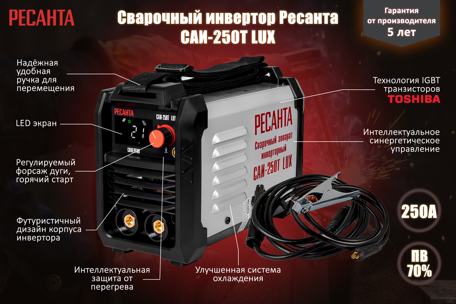 Сварочный аппарат инверторный РЕСАНТА САИ-250T LUX СИНЕРГИЯ 65/72