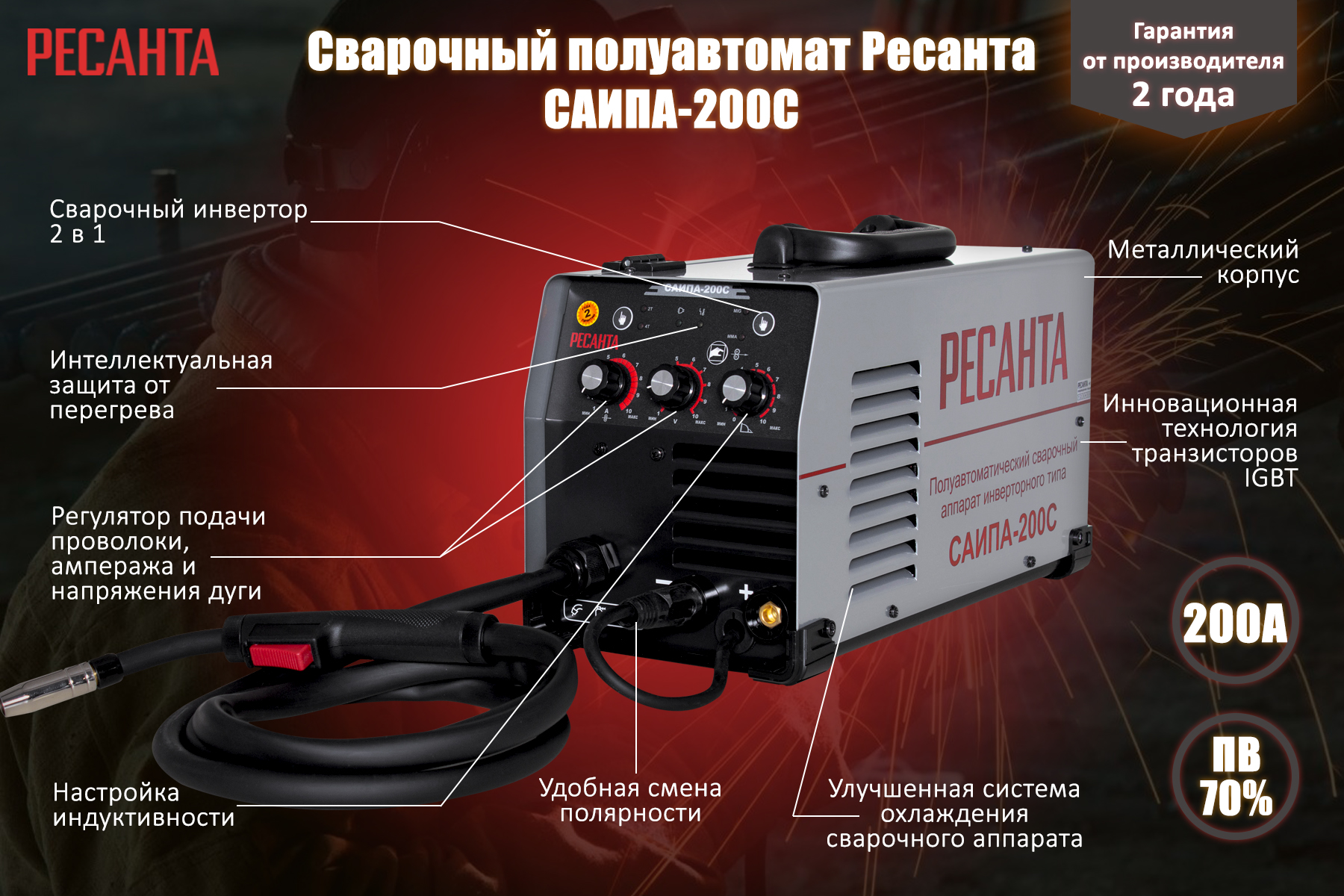 Сварочный аппарат Ресанта инверторный п/а САИПА-200С