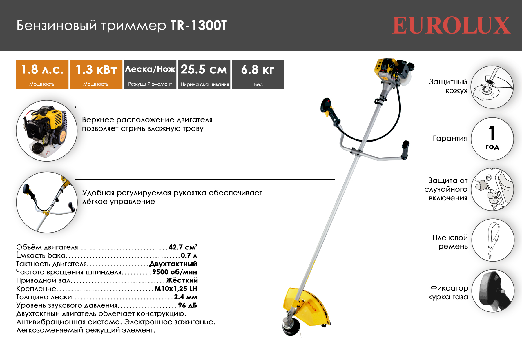 Триммер бензиновый Eurolux TR-1300 T 70/2/16