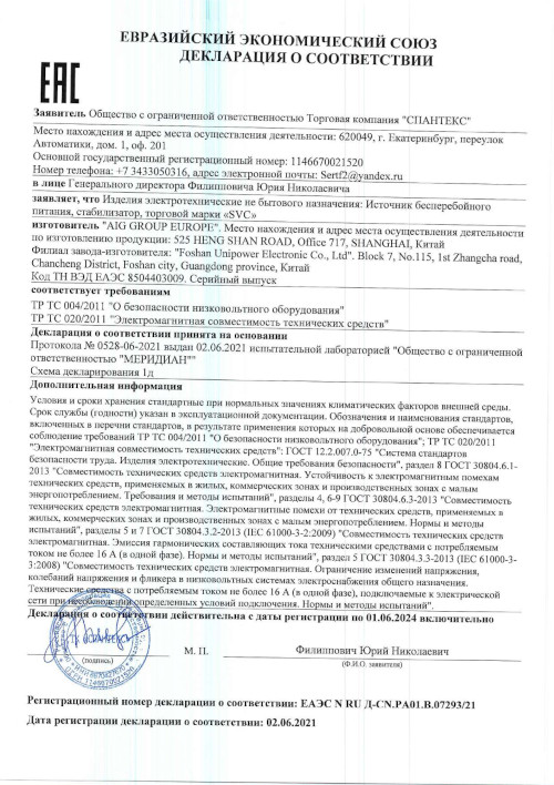 Декларация для SVC PTX-1KL-LCD